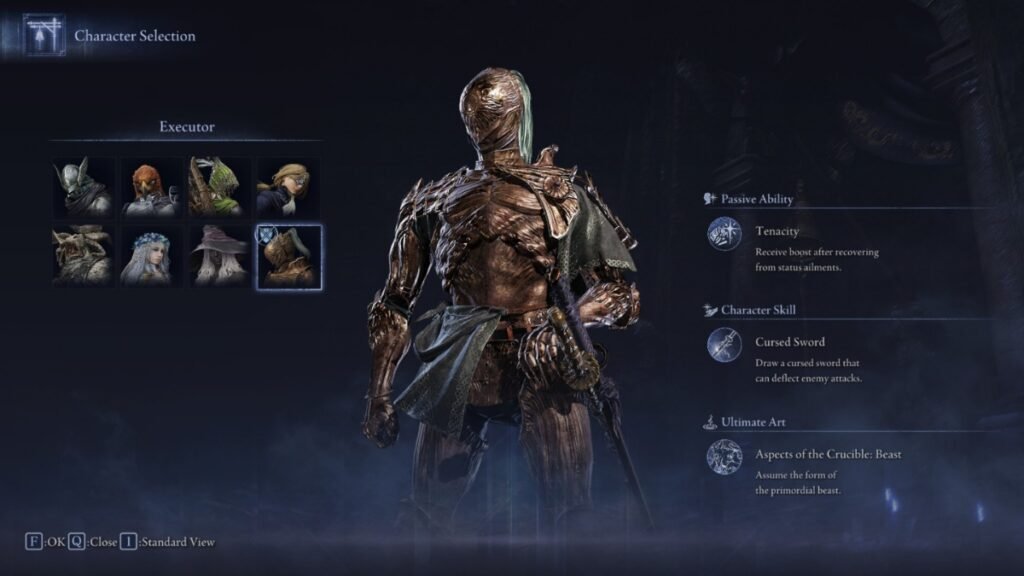 A screenshot of Executor from the character selection menu in Elden Ring Nightreign