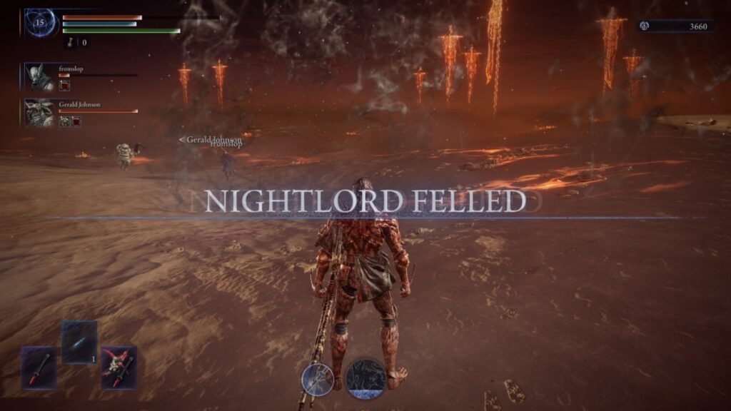 A screenshot of Executor standing after defeating Everdark Sovereign Tricephalos in Elden Ring Nightreign