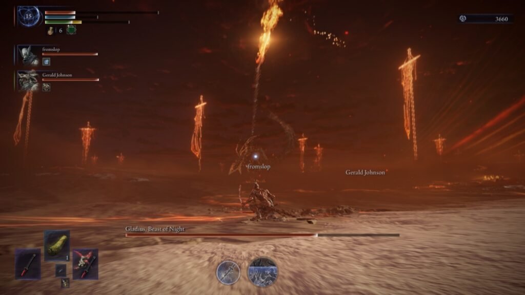 A screenshot of Gladius raising the chain for Mega Fiery Nuke attack in Elden Ring Nightreign