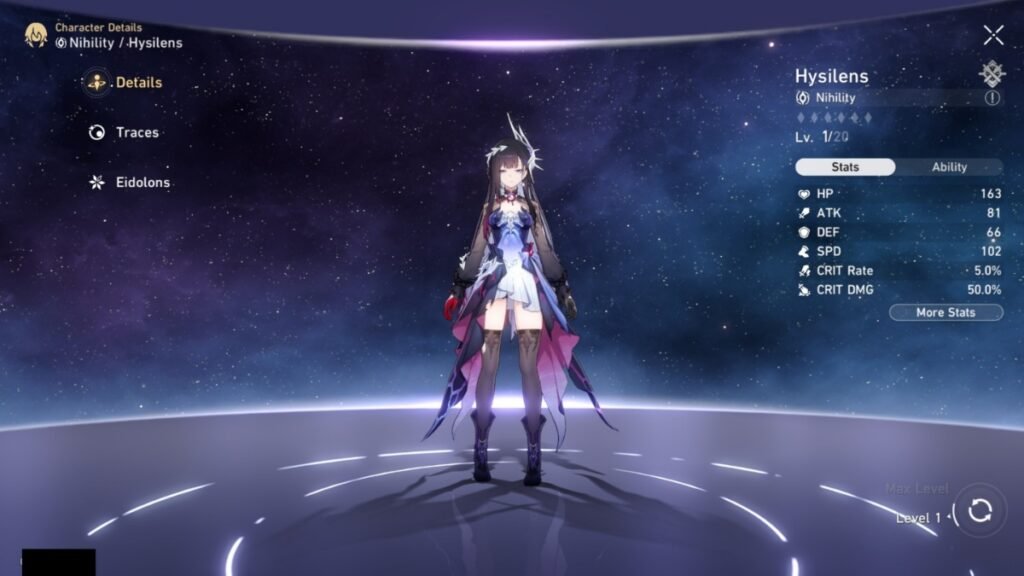Honkai: Star Rail - Hysilens Build Guide (Light Cone, Relics, & Kit) | Honkai: Star Rail | GamesHorizon A screenshot of Hysilens standing in her character screen in Honkai Star Rail