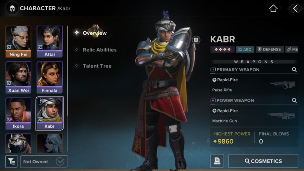 All Talent Trees in Destiny Rising | Destiny Rising | GamesHorizon A screenshot of Kabr standing in his overview screen in Destiny Rising