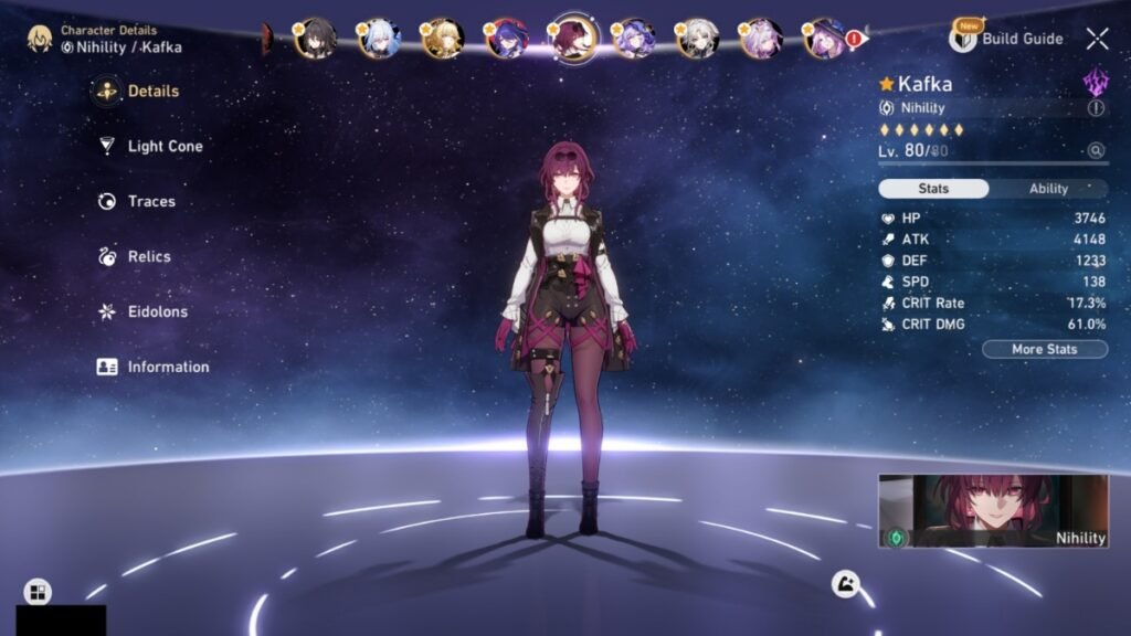 Honkai: Star Rail - Best Team Compositions For Hysilens | Honkai: Star Rail | GamesHorizon A screenshot of Kafka from the character selection screen in Honkai Star Rail