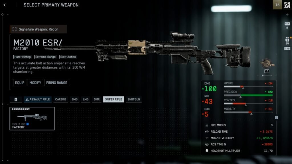 A screenshot of M2010 ESR Sniper Rifle from weapon selection screen in Battlefield 6