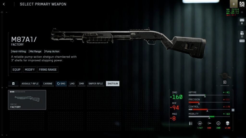 A screenshot of M87A1 Shotgun from the loadout menu in Battlefield 6