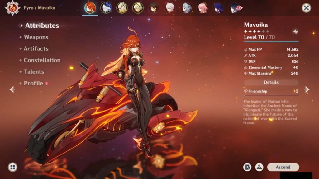 Genshin Impact: Best Team Compositions for Mualani (Premium, General, F2P) | Genshin Impact | GamesHorizon A screenshot of Mavuika sitting on her bike from the character selection screen in Genshin Impact