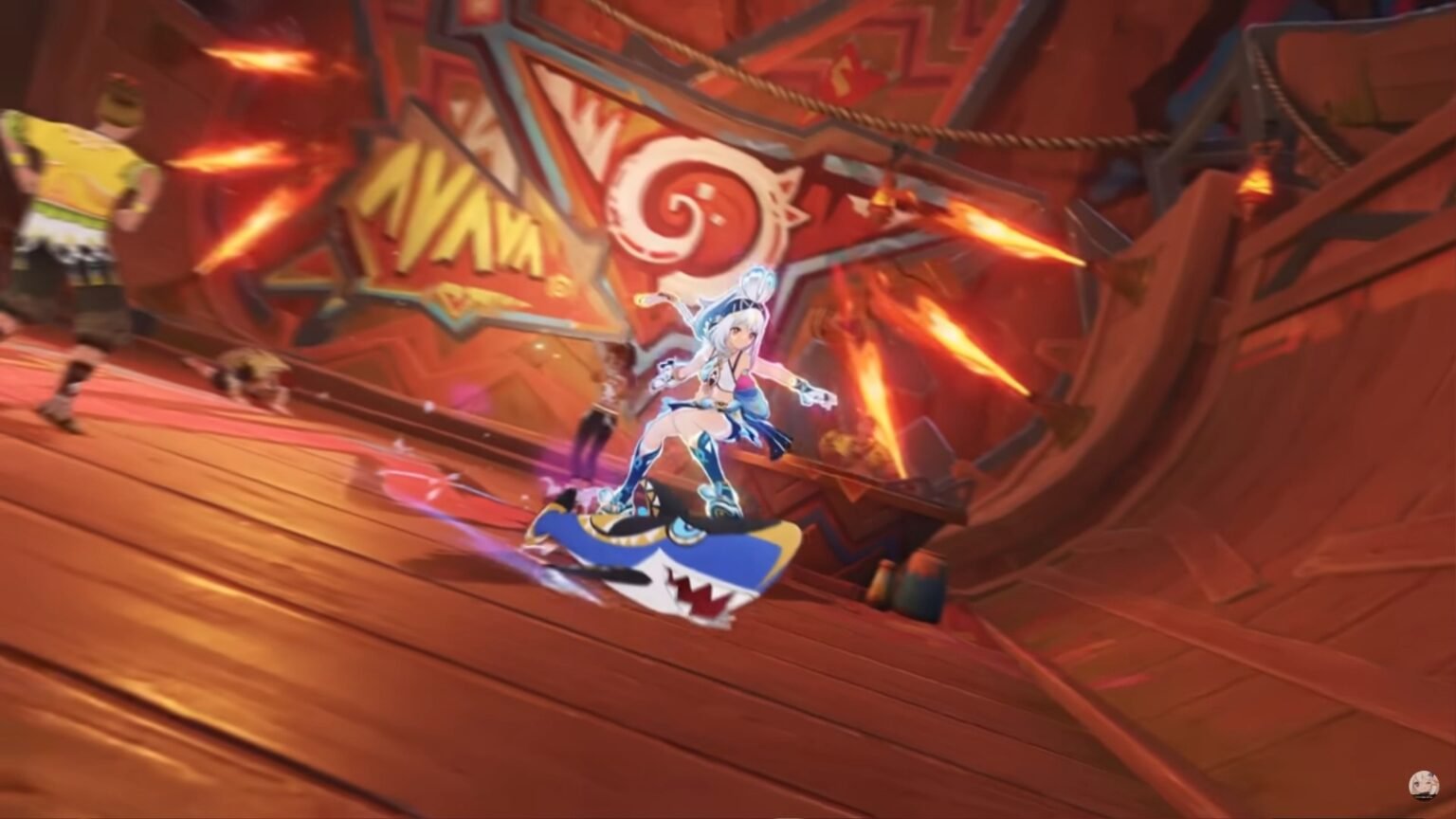 A screenshot of Mualani surfing on her shark from her character teaser in Genshin Impact