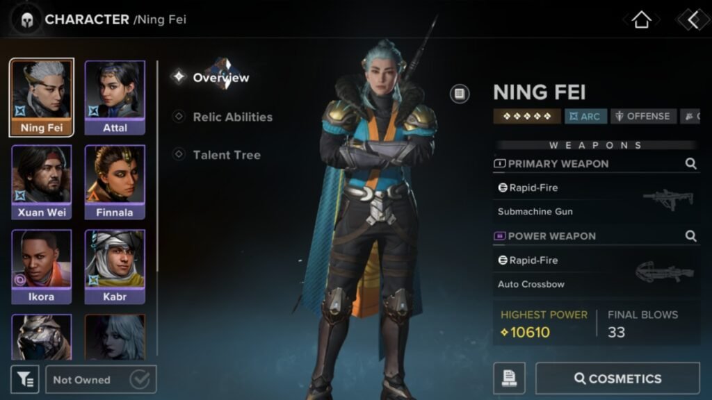 A screenshot of Ning Fei standing with a spear on his back in Destiny Rising