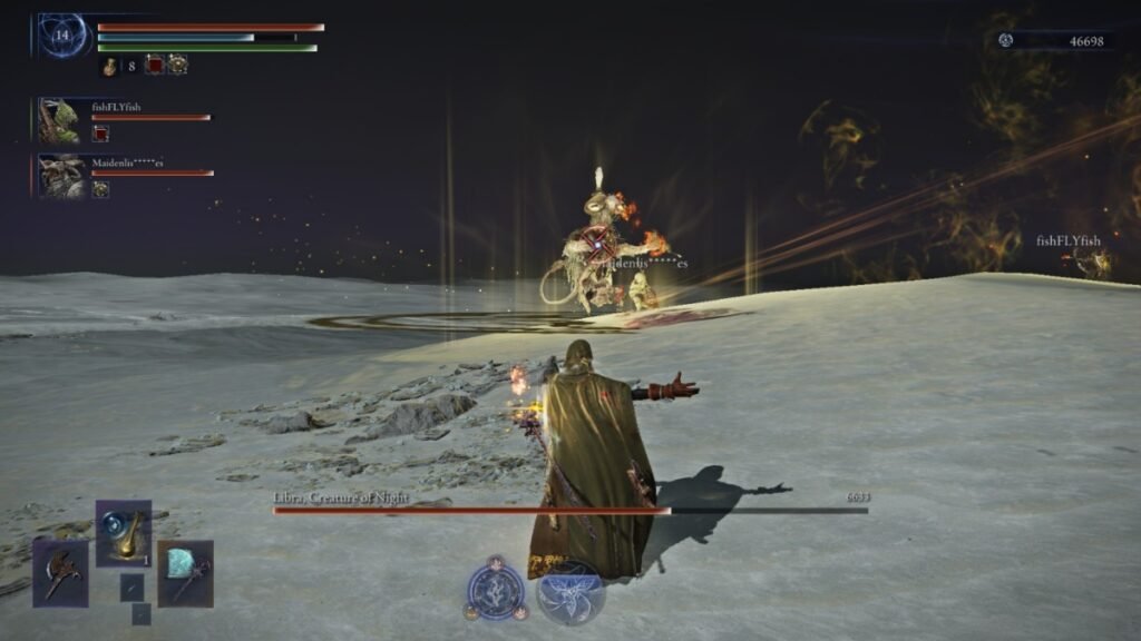 A screenshot of Recluse fighting against Everdark Sovereign Equilibrious Beast in Elden Ring Nightreign