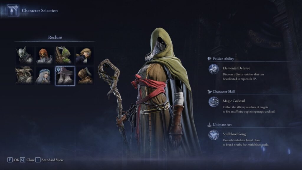 A screenshot of Recluse from the character selection screen in Elden Ring Nightreign