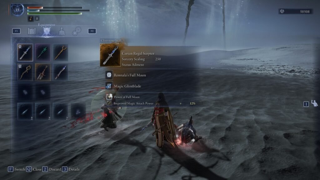 A screenshot of Recluse showing the Carian Regal Sceptre from all the picked up weapons in Elden Ring Nightreign