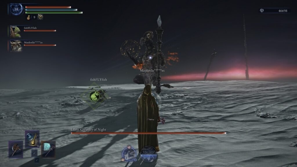 A screenshot of Recluse standing in front of Everdark Sovereign Equilibrious Beast in Elden Ring Nightreign