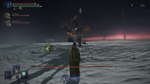 A screenshot of Recluse standing in front of Everdark Sovereign Equilibrious Beast in Elden Ring Nightreign