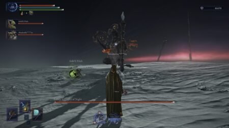 A screenshot of Recluse standing in front of Everdark Sovereign Equilibrious Beast in Elden Ring Nightreign