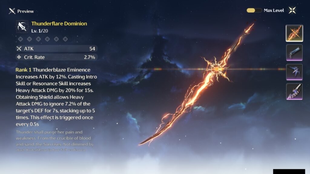 Wuthering Waves: Best Augusta Build Guide (Weapons, Echoes, & Kit) | Wuthering Waves | GamesHorizon A screenshot of Thunderflare Dominion Broadblade in Wuthering Waves