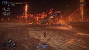 A screenshot of Tricephalos swinging its Fiery Sword while Executor chases in Elden Ring Nightreign