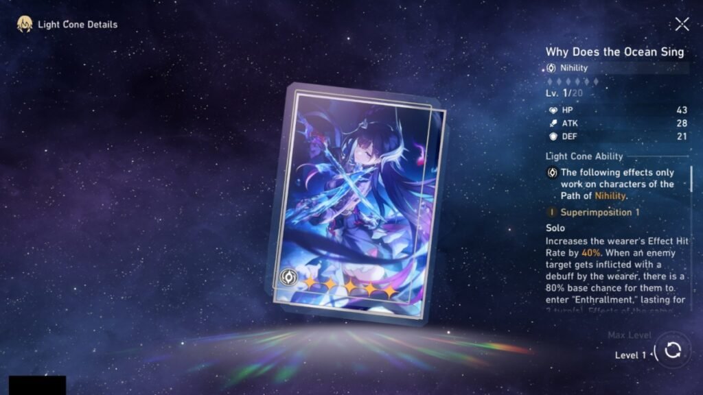 Honkai: Star Rail - Hysilens Build Guide (Light Cone, Relics, & Kit) | Honkai: Star Rail | GamesHorizon A screenshot of Why Does the Ocean Sing Light Cone along with its description in Honkai Star Rail