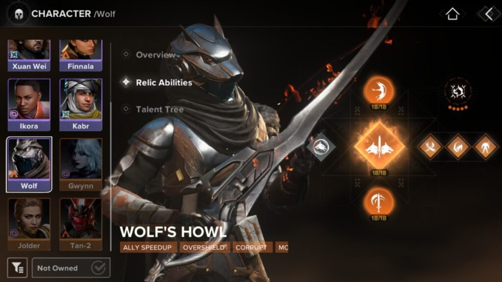 A screenshot of Wolf holding their sword with all their abilities visible in Destiny Rising