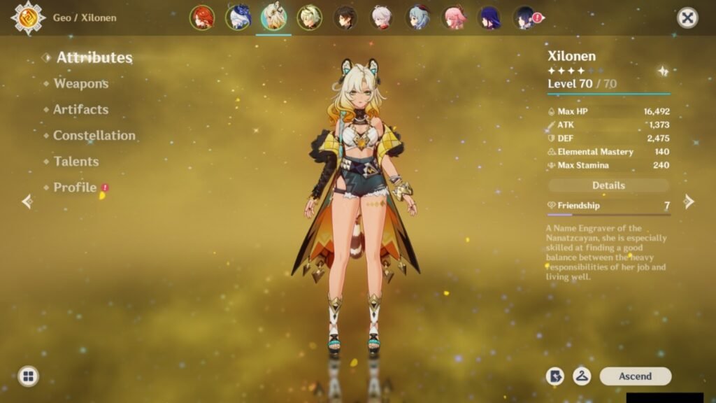 A screenshot of Xilonen standing from the character selection screen in Genshin Impact