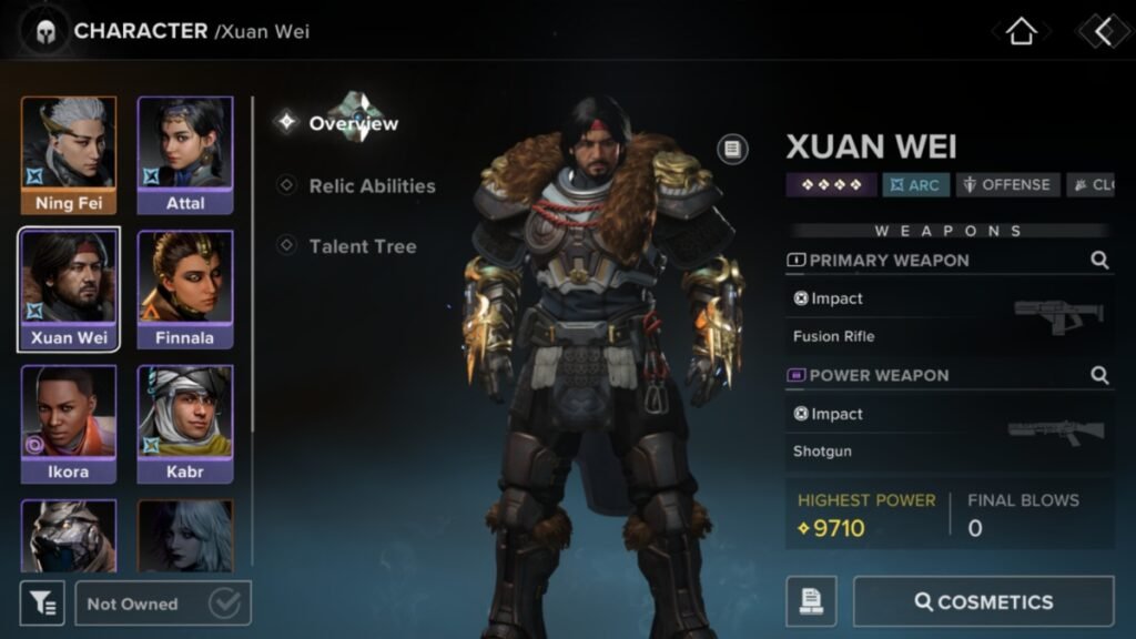 All Talent Trees in Destiny Rising | Destiny Rising | GamesHorizon A screenshot of Xuan Wei standing in his overview screen in Destiny Rising