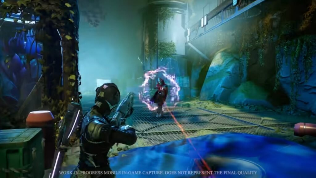 A screenshot of a Lightbearer shooting at another Lightbearer in Destiny Rising PvP
