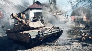 A screenshot of a Tank destroying buildings in Battlefield 6
