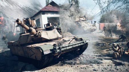 A screenshot of a Tank destroying buildings in Battlefield 6