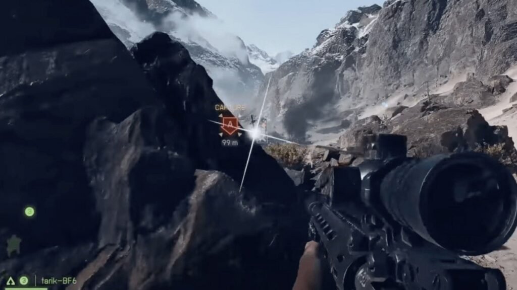 A screenshot of a player using a Sniper while staring a Sniper Glint in Battlefield 6