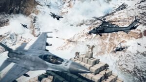 A screenshot of players fighting in Liberation Peak with Choppers and Jets flying around in Battlefield 6