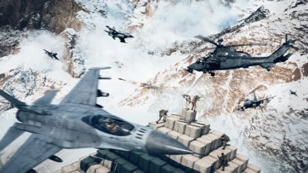 A screenshot of players fighting in Liberation Peak with Choppers and Jets flying around in Battlefield 6