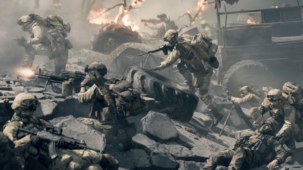Battlefield 6 Beta: How to Access & When it Starts | Battlefield 6 | GamesHorizon A screenshot of players fighting while taking cover behind rocks in Battlefield 6