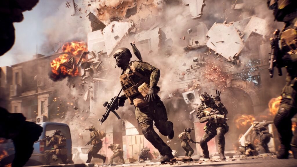 Battlefield 6 Beta: How to Access & When it Starts | Battlefield 6 | GamesHorizon A screenshot of players running while a building is being destroyed in Battlefield 6.