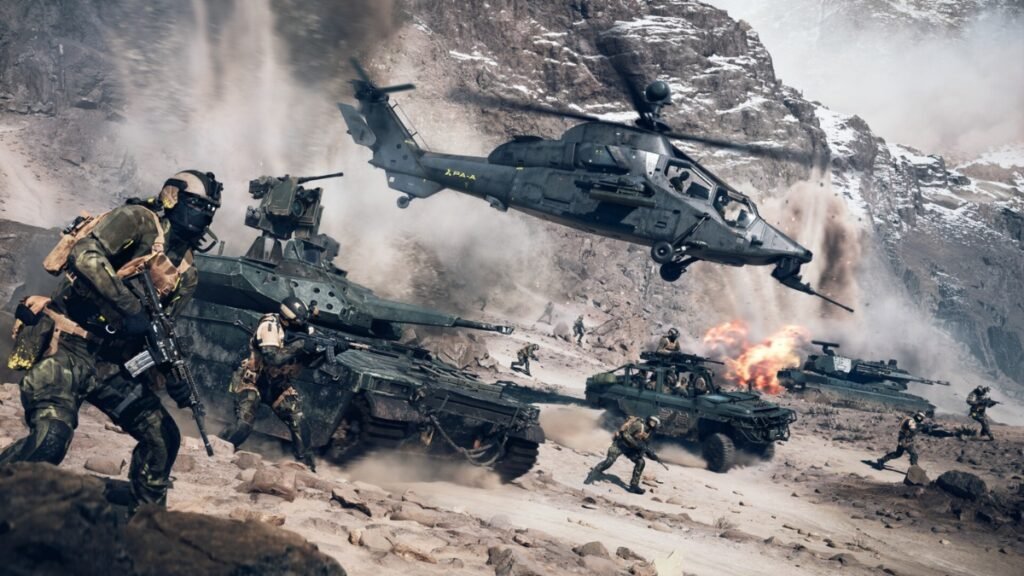 Battlefield 6 Beta: How to Access & When it Starts | Battlefield 6 | GamesHorizon A screenshot of players using choppers and tanks to fight in Battlefield 6