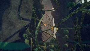 A screenshot of players using vines to cross the mountain in PEAK