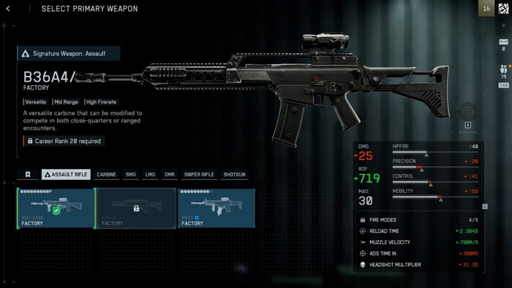 A screenshot of the B36A4 Assault Rifle from the weapons selection screen in Battlefield 6