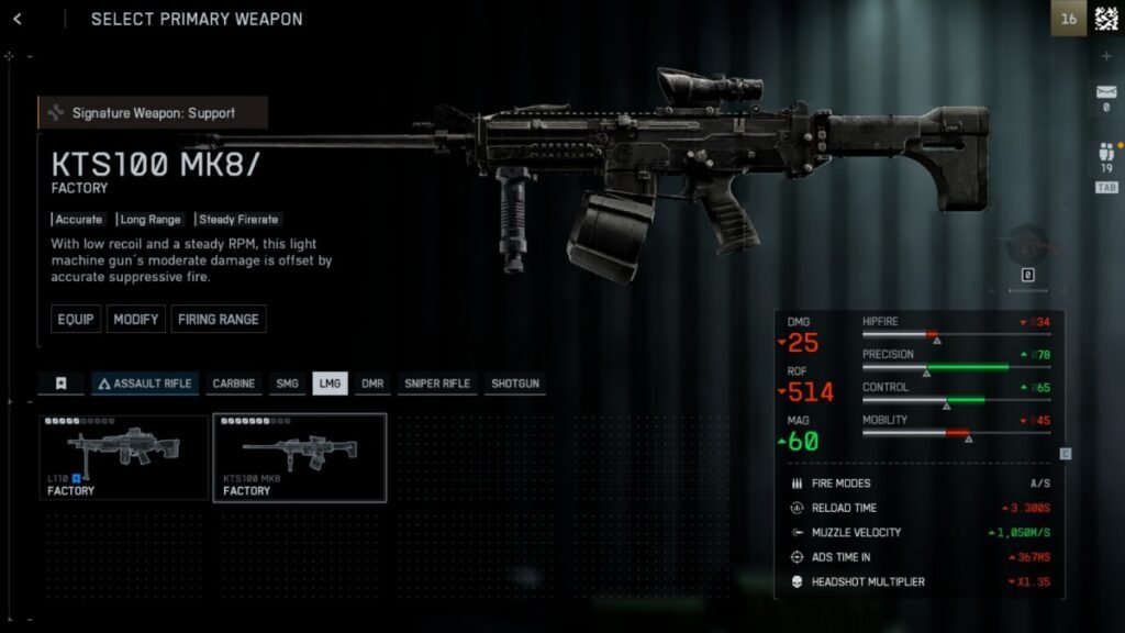 A screenshot of the KTS100 MK8 LMG from the weapons selection menu from Battlefield 6