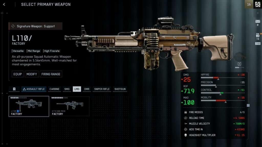 A screenshot of the L110 LMG from the weapons selection menu in Battlefield 6