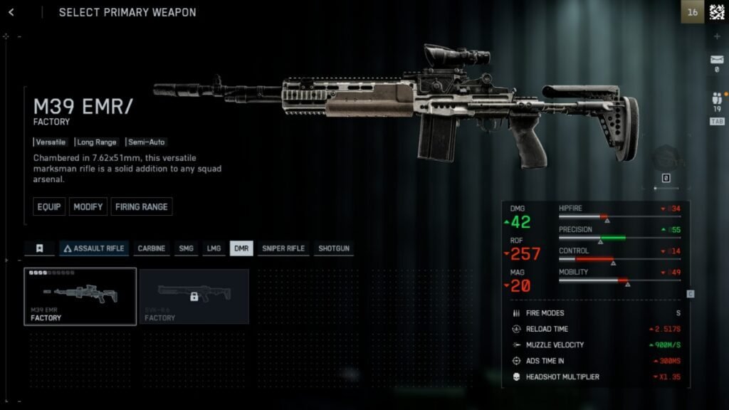 A screenshot of the M39 EMR DMR from weapon selection screen in Battlefield 6