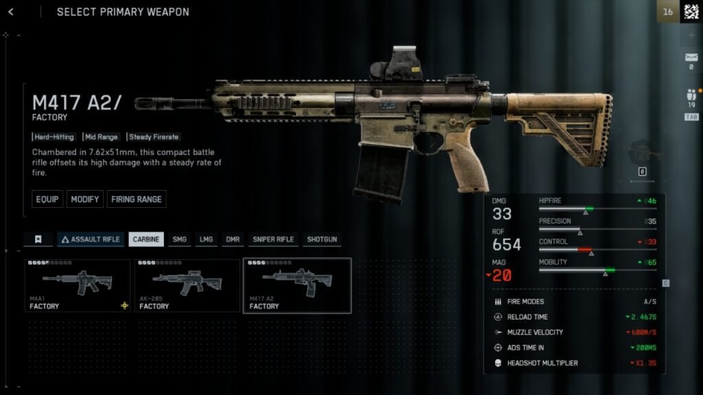 A screenshot of the M417 A2 Carbine from the weapons selection menu in Battlefield 6