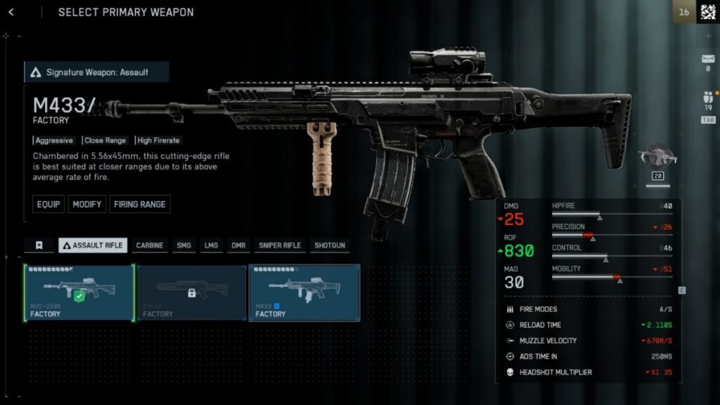 A screenshot of the M433 Assault Rifle from the weapon selection screen in Battlefield 6