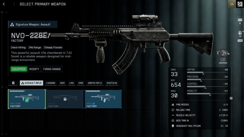 A screenshot of the NVO-228E from the weapons selection menu in Battlefield 6