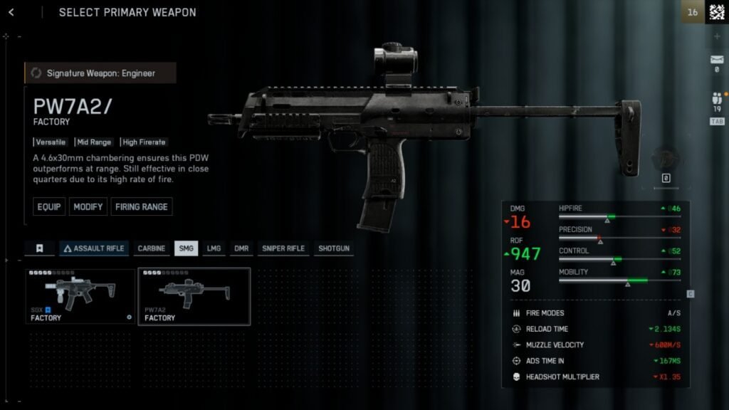 A screenshot of the PW7A2 from the weapon selection menu in Battlefield 6