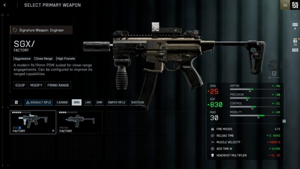 A screenshot of the SGX SMG from the weapons selection screen in Battlefield 6