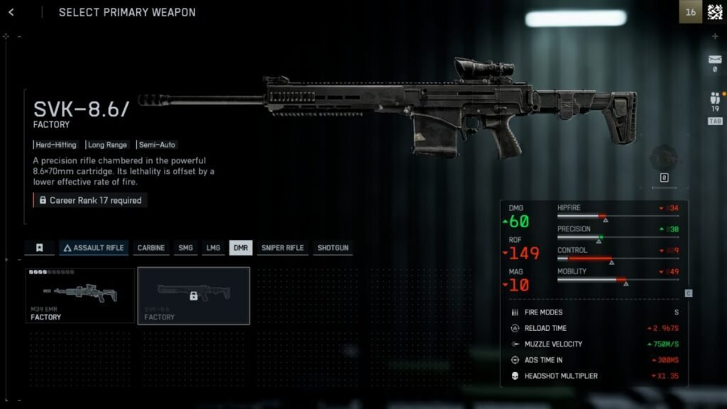 A screenshot of the SVK-8.6 DMR from the weapons selection menu in Battlefield 6