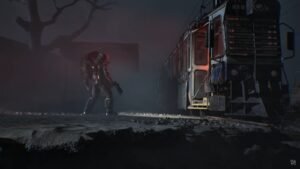 A screenshot of the Traveler carrying a body towards a train in Cronos The New Dawn