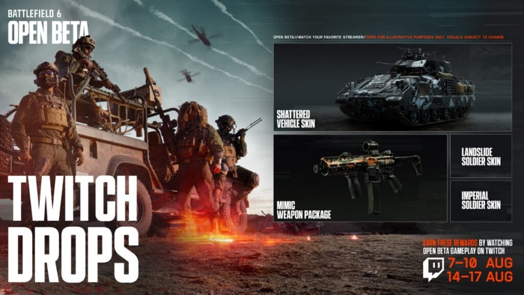 Battlefield 6 Beta: How to Access & When it Starts | Battlefield 6 | GamesHorizon A screenshot of the Twitch drops promotion page showing the dates and rewards for Battlefield 6