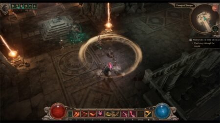 A screenshot of the player fighting against a boss in Passage of Atropos in Titan Quest 2.
