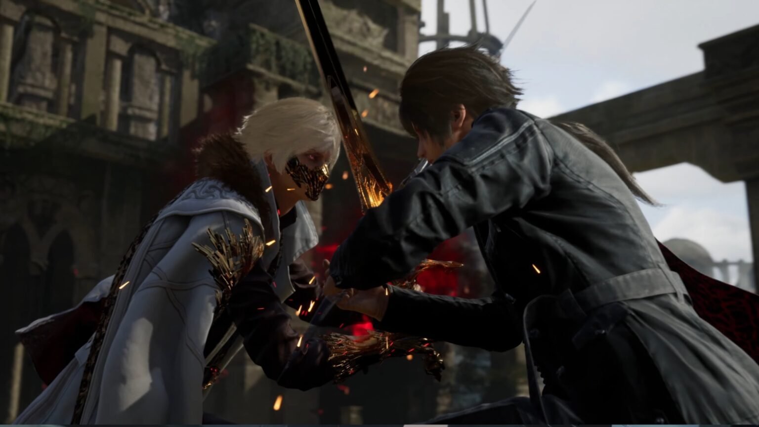 A screenshot of the protagonist and a boss clashing swords in Lost Soul Aside
