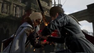 A screenshot of the protagonist and a boss clashing swords in Lost Soul Aside