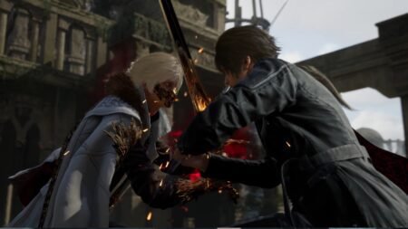 A screenshot of the protagonist and a boss clashing swords in Lost Soul Aside
