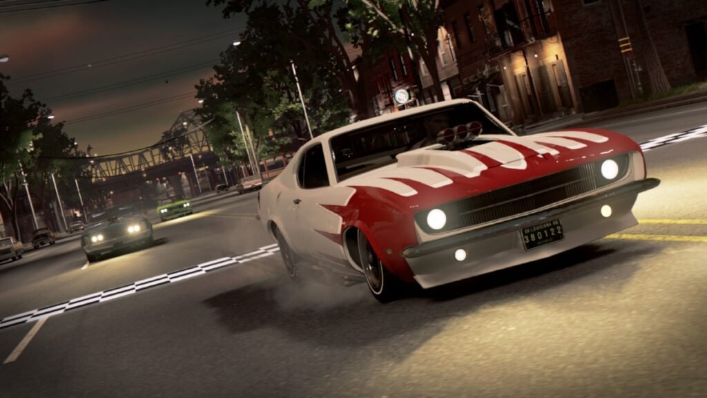 A screenshot of two cars racing each other on the streets in Mafia 3
